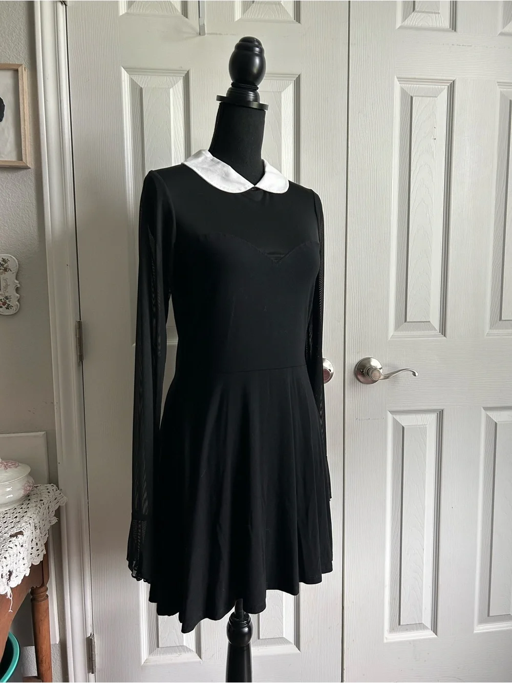 Dolls Kill | Current Mood white collared black mesh long sleeve mini dress - Picture 7 of 9